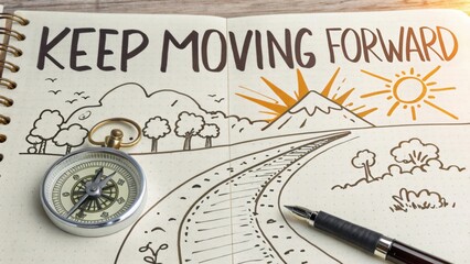 Inspirational quote about progress illustrated in a notebook with a pen, compass, and nature elements for motivation and positivity