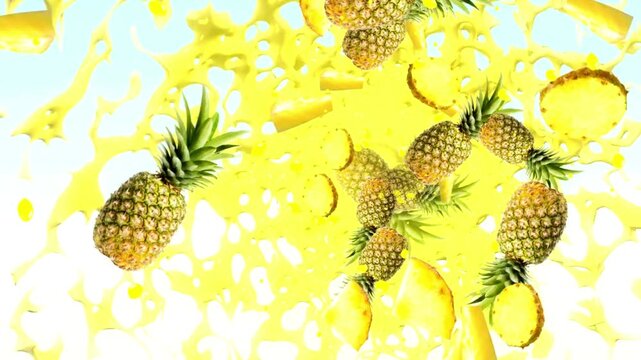 Pineapple slices and whole pineapples falling into water.