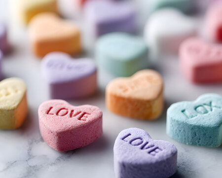 A delightful array of pastel heart-shaped candies, each embossed with affectionate messages, radiating warmth and joy.