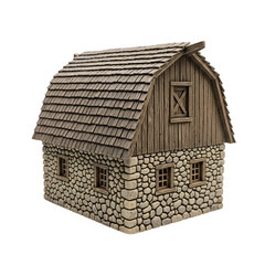 Rustic Stone Barn Miniature Stands Isolated on Black, Featuring Wood and Shingle Roof
