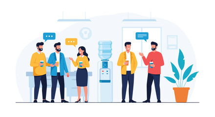 Colleagues taking a break and having a conversation near a water cooler.