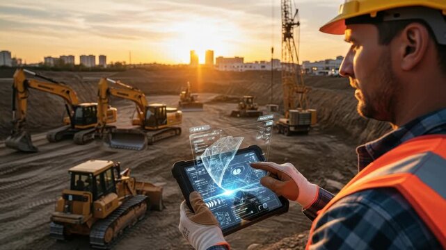 worker wearing hard hat and safety vest manipulates tablet displaying holographic plans over busy construction site at sunset featuring multiple excavators bulldozer and crane