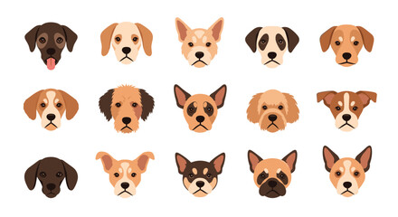 A collection of diverse dog portraits showcasing various breeds and facial expressions in a friendly and approachable manner.