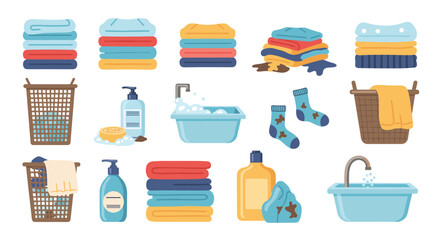 Collection of laundry items and clean clothes in a household setting for domestic chores.