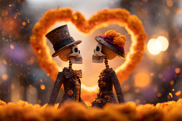 A tender embrace unites skeletal figures adorned in vibrant attire, exuding love and celebration.