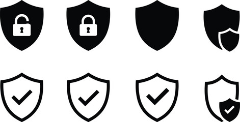 Set of black shield icons with lock and checkmark symbols security protection