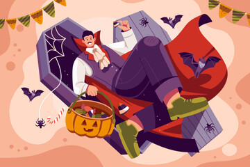 Vector illustration of a cartoon vampire character with a red cape holding a pumpkin basket full of candies with a coffin, bats, spiders, and festive Halloween decorations