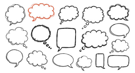 A collection of hand-drawn speech bubbles and thought clouds representing communication ideas and dialogue.