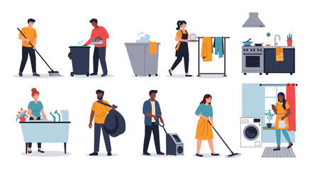 A collection of various domestic cleaning tasks being performed by diverse individuals in a bright and clean setting.