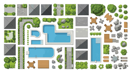 A collection of aerial views of outdoor leisure spaces and garden elements for architectural visualization.