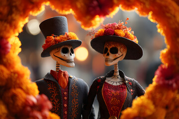 Whimsical skeletal couple adorned for Day of the Dead, symbolizing eternal love and celebration of life.