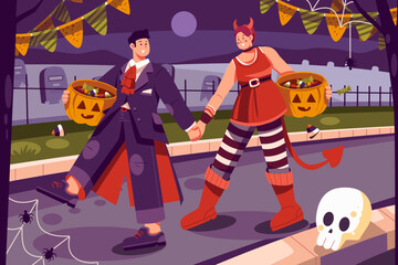 Illustration of a vampire man and a devil woman holding hands while trick-or-treating with pumpkin candy buckets at night.