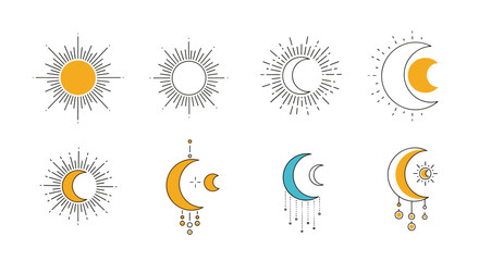 Obraz premium Celestial sun and moon icons set in a boho mystical style for cosmic design elements.
