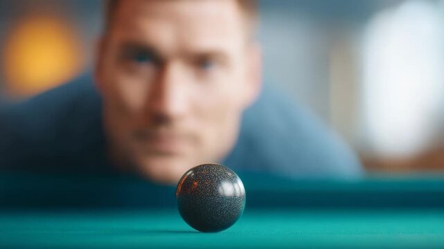 Focused man lines up shot on green billiard table as black billiard ball sits in sharp focus, player prepares with cue in game room, anticipation and concentration on pool table
