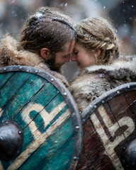 A tender moment between a Viking couple, wrapped in furs amidst falling snow, showcasing love and strength.
