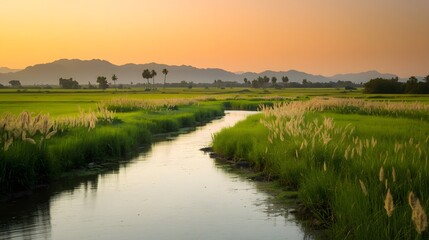 Serene tropical landscape at golden sunset with a calm river winding through lush green rice fields, reflecting warm orange sky tones and distant mountain silhouettes, perfect for nature backgrounds a
