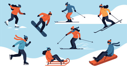 Fototapeta premium A vibrant illustration depicting people enjoying a variety of winter sports activities on a snowy day.