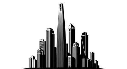 A black and white graphic illustration of a modern city skyline with a prominent central skyscraper isolated on a white background.