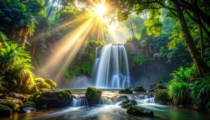 Lush Tropical Waterfall Scene with Sun Rays and Greenery Cascade of Water Flowing Over Rocks Surrounded by Dense Green Forest With Sunlight