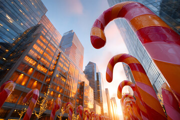 A fantastical cityscape where candy canes and towering skyscrapers blend, evoking playful nostalgia.
