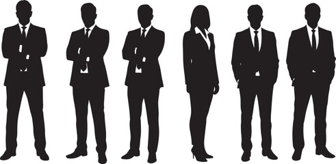 Six Black Silhouettes of Business People in Suits Standing Against White Background woman