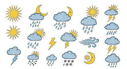 Fototapeta premium A collection of weather forecast icons representing various atmospheric conditions including sunshine rain thunderstorms wind and snow.