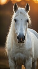 Obraz premium Majestic White Arabian Horse with Flowing Mane Looking Directly at the Camera