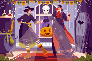 Vector illustration of a witch and a vampire dancing at a Halloween party with a pumpkin, a cauldron, a skull, and spooky decorations. Perfect for Halloween, posters, banners, and seasonal designs