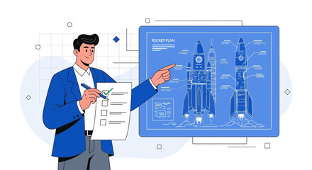 Fototapeta premium Entrepreneur Presenting Rocket Blueprint, Check List, And Highlighting Space Exploration Plans