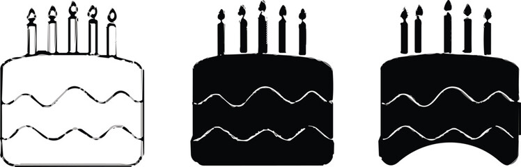 Three black and white cake illustrations with lit candles birthday cake celebration