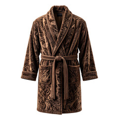 Plush, brown, patterned robe with tie belt and pockets, isolated on a black background