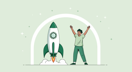 Excited Man Celebrating Rocket Launch Symbolizing New Beginnings and Successful Ventures