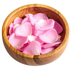 Pink rose petals fill a round wooden bowl, lit with soft sunlight
