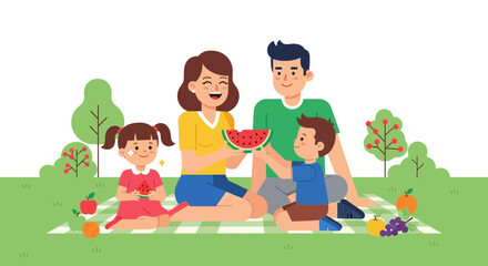 Fototapeta premium Family Enjoying Picnic With Watermelon Outdoors On A Sunny Day Of Summer