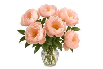 Peonies bouquet in glass vase on transparent background