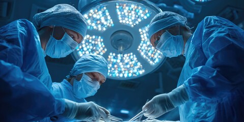 Dedicated nurse team in blue scrubs providing health care remedies to patient under surgical lamp in operating room focused teamwork and compassionate care
