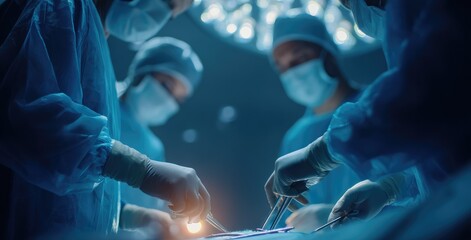 Nurse team works on patient remedy under blue surgical lamp health care environment capturing collaborative efforts in modern medicine