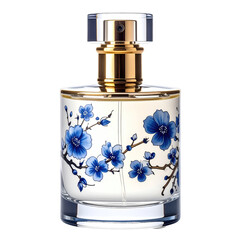 A perfume bottle with floral design, clear cap & gold accent on a black background