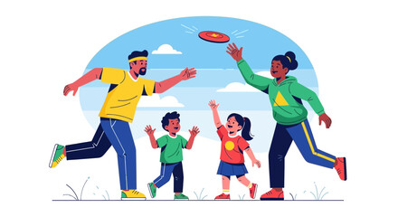 Fototapeta premium Family Enjoying Time Outdoors Playing With a Frisbee Under a Clear Blue Sky Outdoors