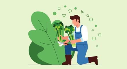 Farmer Harvesting Celery in Garden with Minimalist Style and Fresh Greens Colors