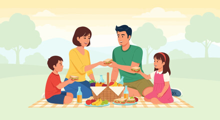 Family Outing: Joyful Picnic Gathering, Sharing Sandwiches, Celebrating Togetherness in Nature