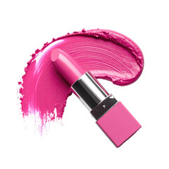 Pink lipstick beside a vibrant, thick smear of itself against a stark black backdrop