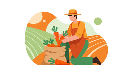 Farmer Harvesting Juicy Carrots in Field, Delivering Fresh Produce to Market with Vector Art Design
