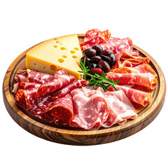 A wooden platter overflows with assorted meats, cheeses, olives, and garnishes