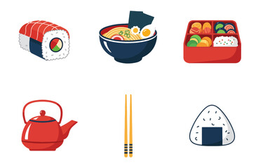 Japanese food icons: sushi, ramen, bento box, teapot, chopsticks, onigiri.