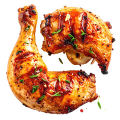 Two pieces of golden-brown roasted chicken, seasoned with herbs, isolated on a transparent background