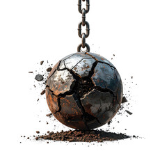 A rusty, cracked wrecking ball hangs from a chain with debris surrounding it on a black background