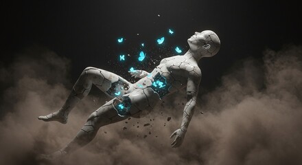 Emotional Release: Cracked Human Figure Transforming into Glowing Blue Butterflies