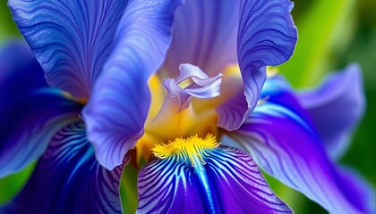 Close-up of a vibrant blue-green iris flower, delicate petals, intricate details, summer, vibrant