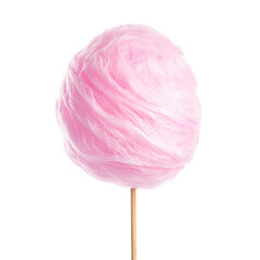 Fluffy pink confection on a wooden stick against a black background, resembling a cloud